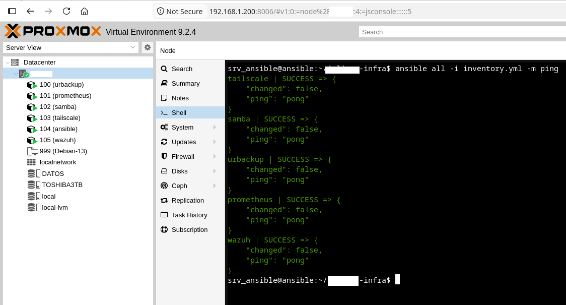Ansible ad-hoc ping module confirming connectivity to all five managed hosts