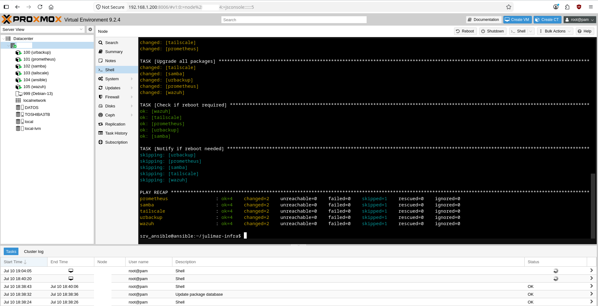 Ansible playbook run upgrading packages across the fleet, play recap showing zero failures