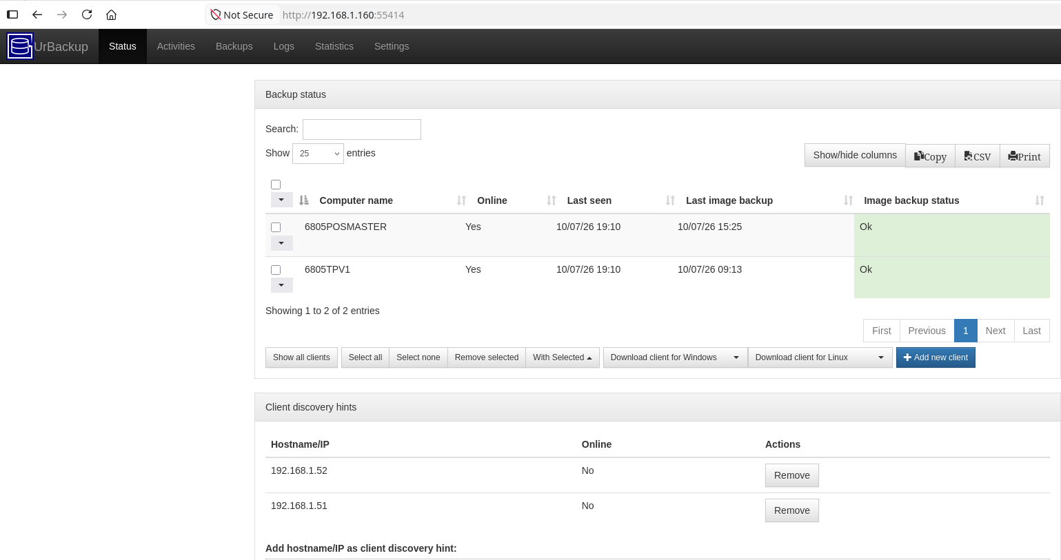 URBackup status dashboard showing both POS terminals online with successful image backups